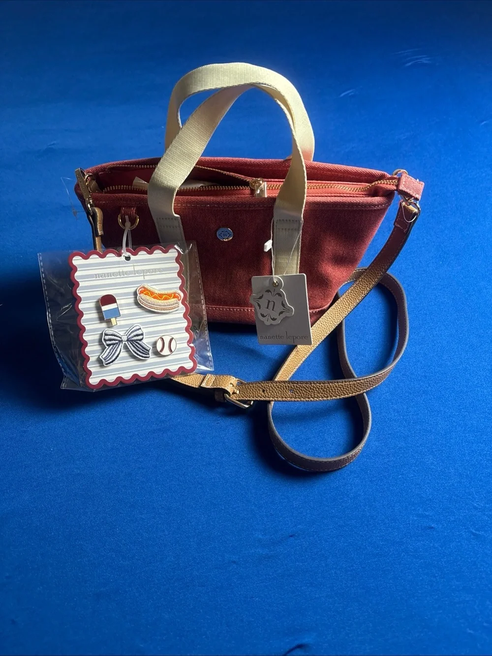 Nanette Lepore Rosina Satchel-Nantucket Red-Soft Beige Purse Cross Body New